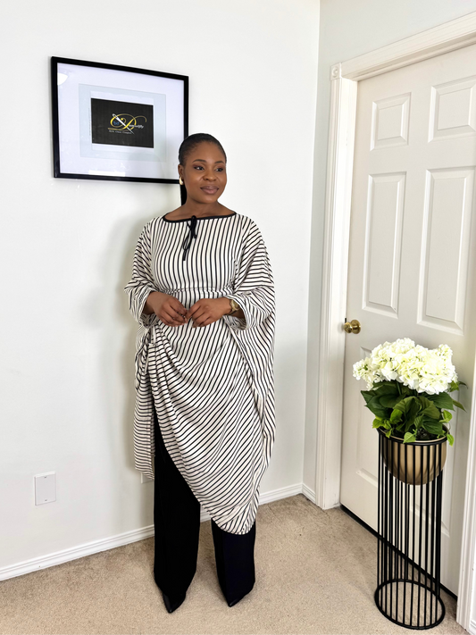 " SAFIYA" Monochrome striped asymmetric kaftan-style blouse.