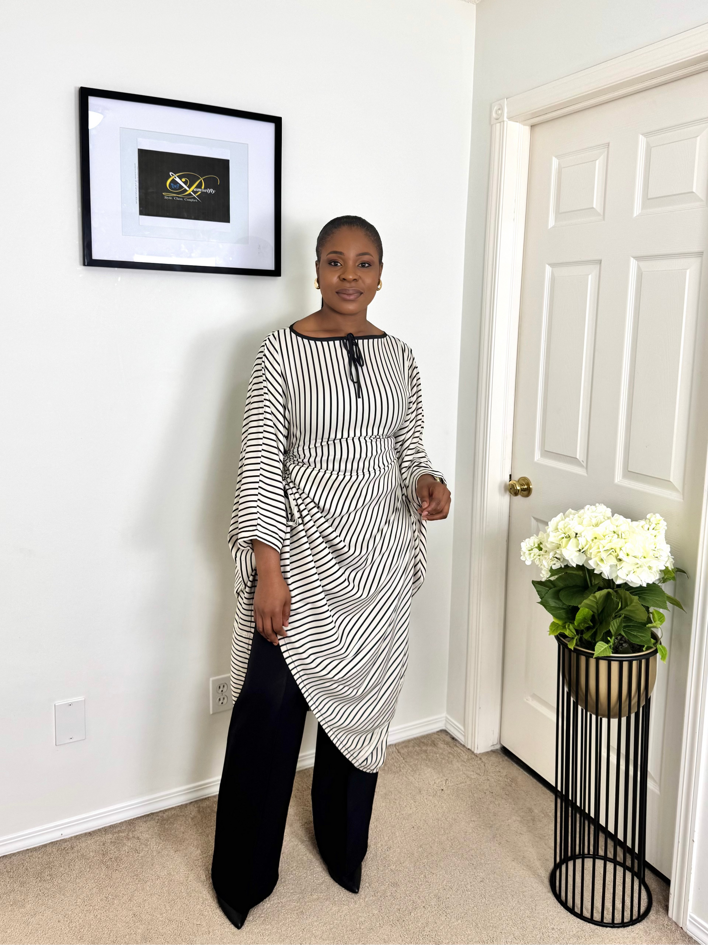 " SAFIYA" Monochrome striped asymmetric kaftan-style blouse.