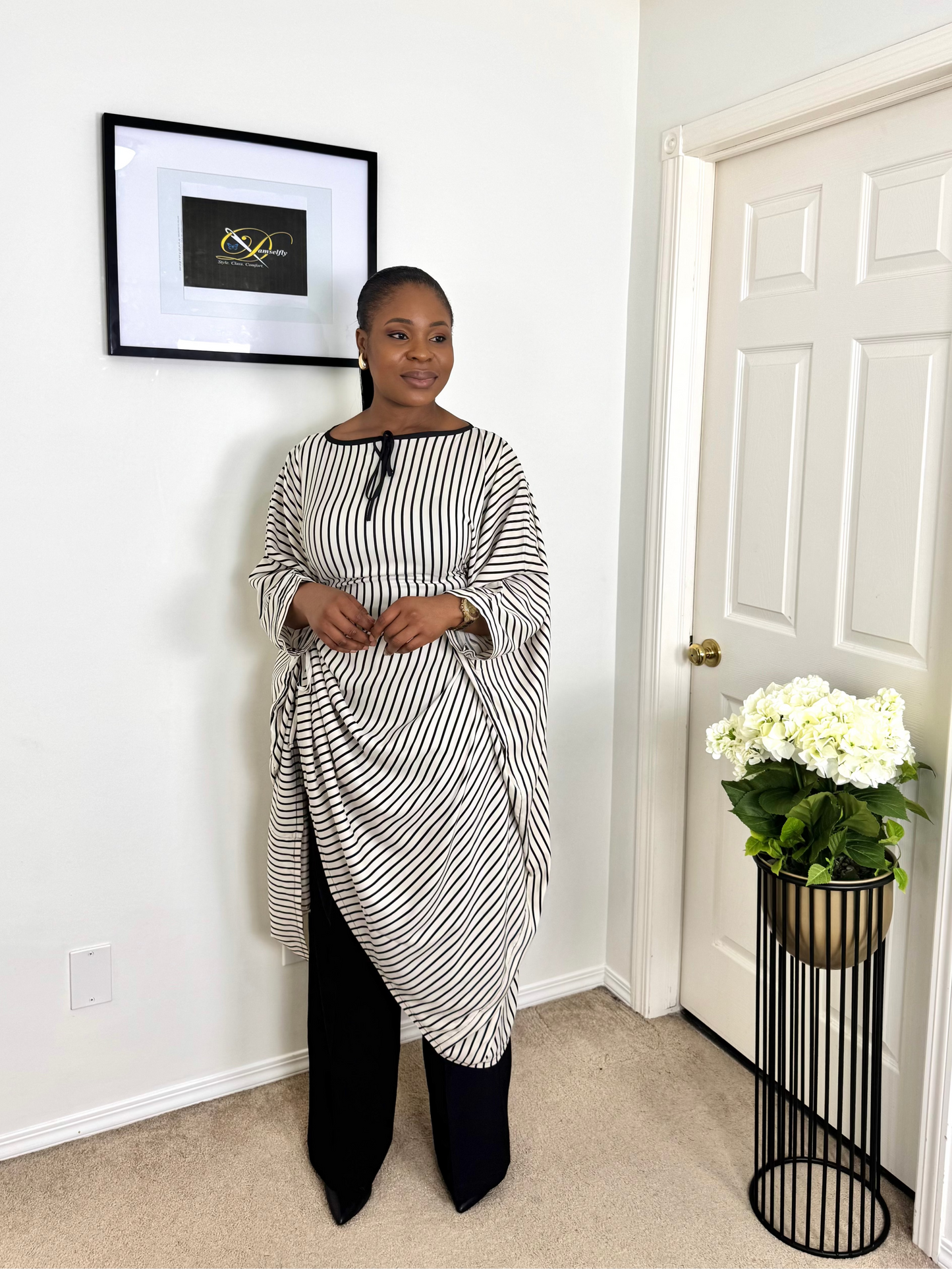 " SAFIYA" Monochrome striped asymmetric kaftan-style blouse.